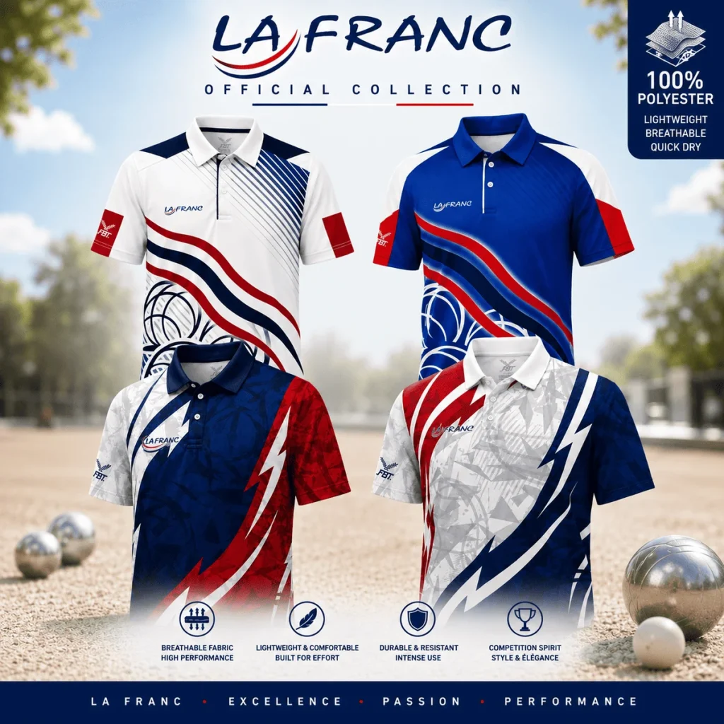 LA FRANC polo shirt official collection – premium French-style petanque shirts in blue white and red – breathable 100% polyester competition jerseys